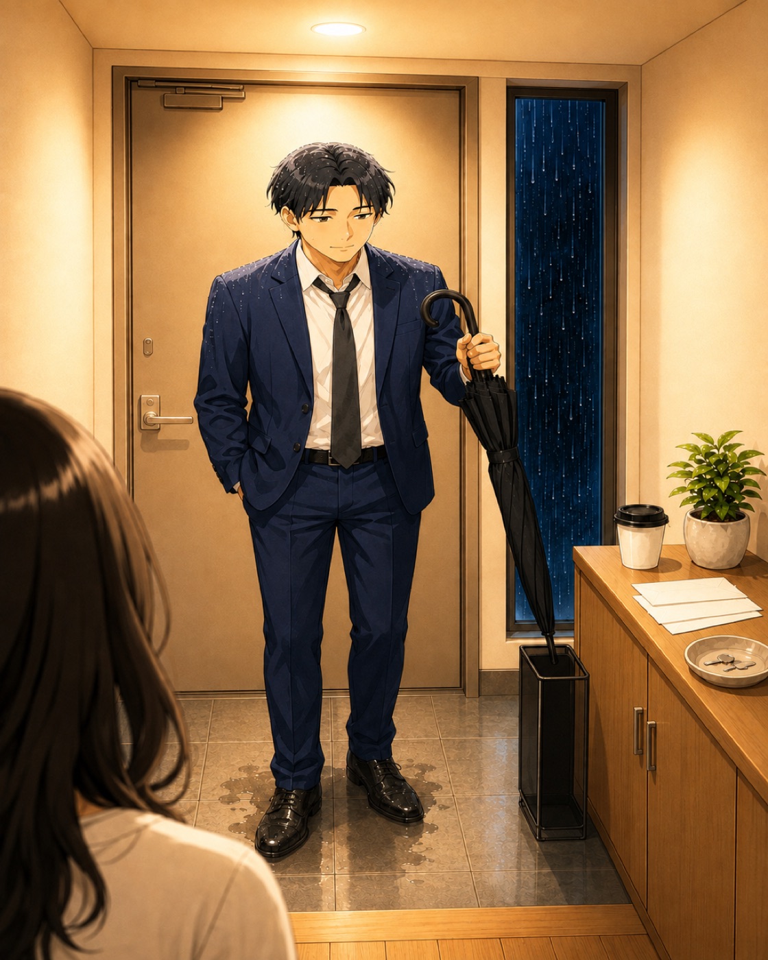 雨の夜、玄関に立つ男性。傘立てには傘がある。